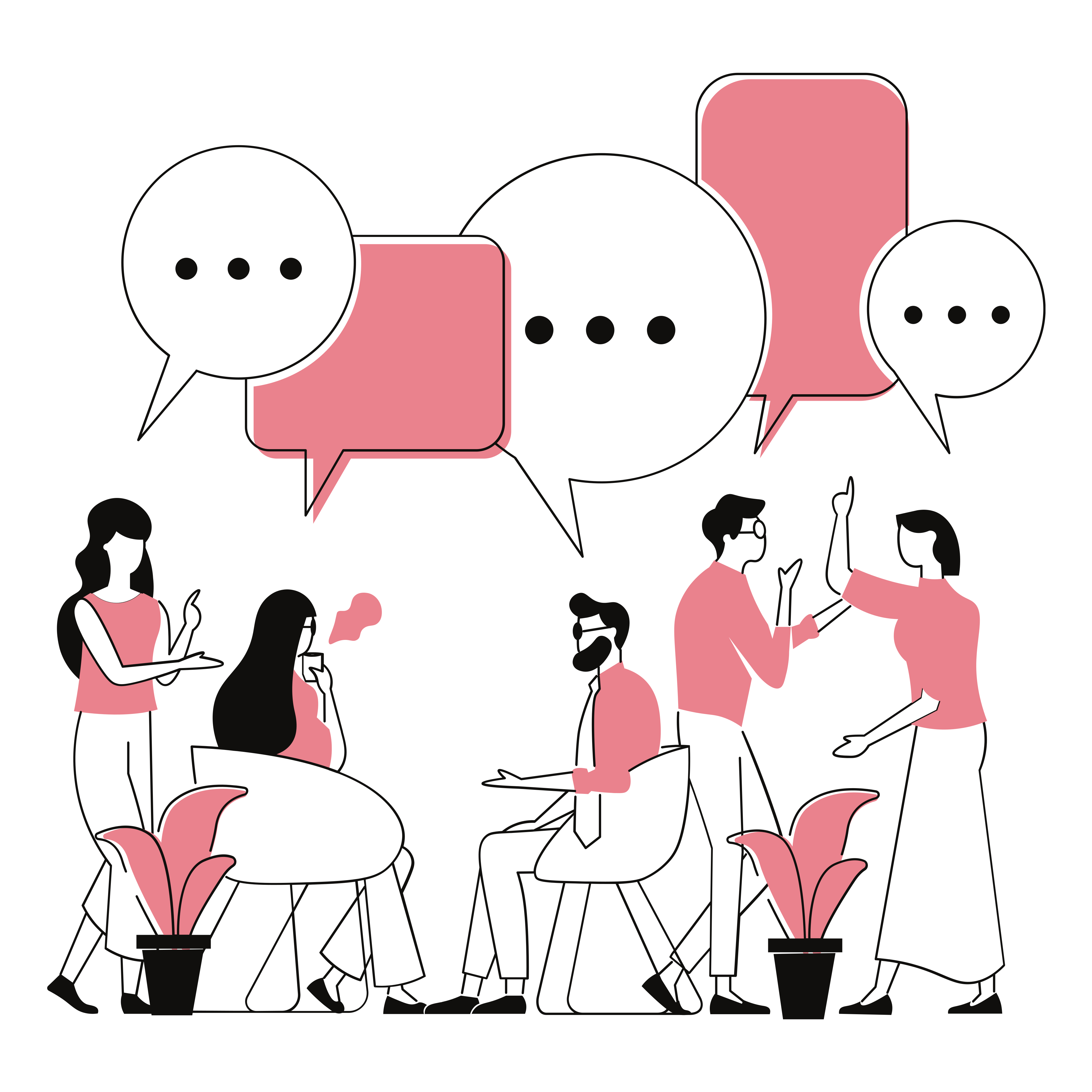 This illustration depicts four individuals engaged in a lively discussion.  The style is minimalist line art with a predominantly black and white palette accented by soft pink speech bubbles and clothing elements.  The figures are simplified, focusing on gestures and interactions.  Two women and two men are shown sitting and standing, gesturing and speaking to each other.  Simple potted plants are included in the scene. The overall mood is one of casual interaction and collaboration.